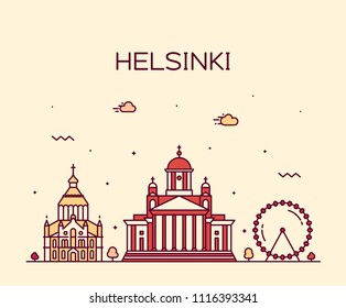 Helsinki city skyline, Finland. Trendy vector illustration, linear style