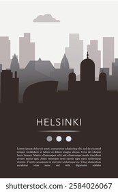 Helsinki city template for website, presentation, front page, invitation, publication sheet with skyline, landmarks. Vector Finland image layout, simple and grayscale