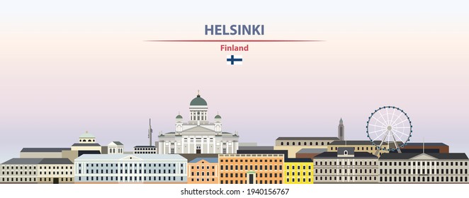 Helsinki cityscape on sunset sky background vector illustration with country and city name and with flag of Finland