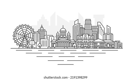 Helsinki, Finland architecture line skyline illustration. Linear vector cityscape with famous landmarks, city sights, design icons. Landscape with editable strokes.