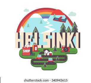 Helsinki in Finland is Beautiful city to visit on holiday, vector cartoon illustration