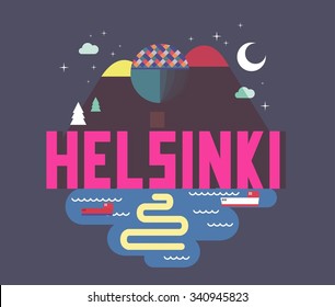 Helsinki in Finland is Beautiful city to visit on holiday, vector cartoon illustration