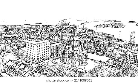 Helsinki, Finland. City center aerial view. Assumption Cathedral.  Doodle sketch style, aerial city