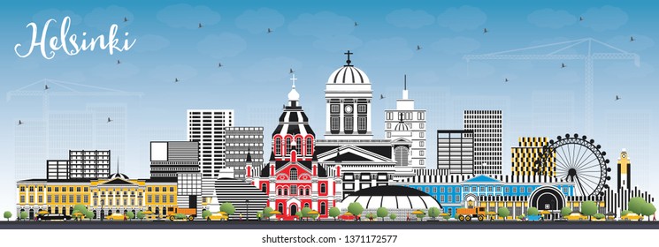 Helsinki Finland City Skyline with Color Buildings and Blue Sky. Vector Illustration. Business Travel and Concept with Historic Architecture. Helsinki Cityscape with Landmarks. 