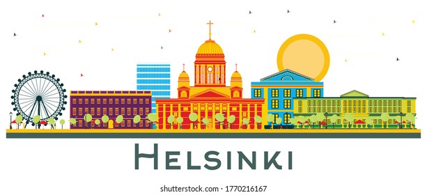 Línea de la ciudad de Helsinki Finlandia con edificios de color aislados en blanco. Ilustración vectorial. Concepto de viajes de negocios y turismo con arquitectura histórica. El paisaje urbano de Helsinki con monumentos.