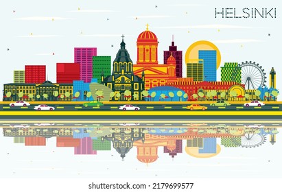 Helsinki Finland City Skyline with Color Buildings, Blue Sky and Reflections. Vector Illustration. Business Travel and Concept with Historic Architecture. Helsinki Cityscape with Landmarks.