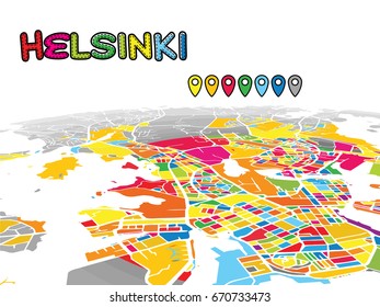 Helsinki, Finland, Downtown 3D Vector Map of Famous Streets. Bright foreground full of colors. White Streets, Waterways and grey background areal. White Horizon.
