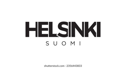 Helsinki in the Finland emblem for print and web. Design features geometric style, vector illustration with bold typography in modern font. Graphic slogan lettering isolated on white background.