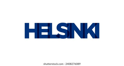 Helsinki in the Finland emblem for print and web. Design features geometric style, vector illustration with bold typography in modern font. Graphic slogan lettering isolated on white background.