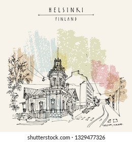 Helsinki, Finland, Europe. City street corner, old Finnish wooden house. Hand drawing of Helsinki. Finland travel sketch. Vintage Scandinavian touristic postcard, poster, book illustration. Vector