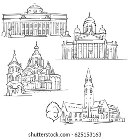 Helsinki Finland Famous Buildings, Monochrome Outlined Travel Landmarks, Scalable Vector Illustration