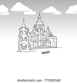 Helsinki, Finland famous landmark sketch. Lineart drawing by hand. Greeting card icon with title, vector illustration