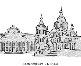 Helsinki, Finland famous Travel Sketch. Lineart drawing by hand. Greeting card design, vector illustration