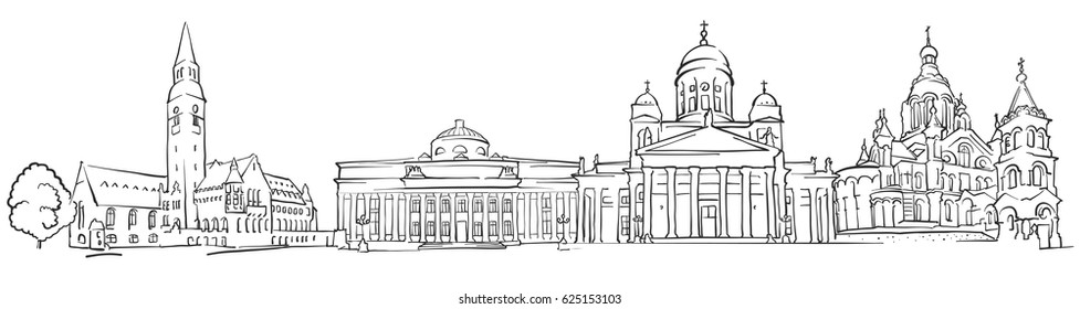 Helsinki Finland Panorama Sketch, Monochrome Urban Cityscape Vector Artprint