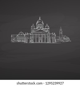 Helsinki Finland signs on blackboard. Digital chalk drawn vector sketch on blackboard. European capitals destinations.
