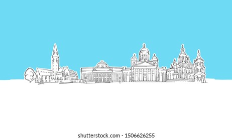 Helsinki Finland Skyline Panorama Vector Sketch. Hand-drawn Illustration on blue background.