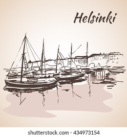 Helsinki - harbor, waterfront. Sketch, Isolated on white background