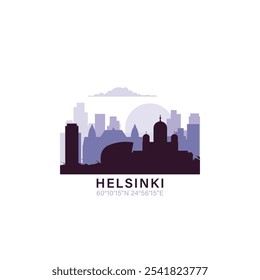 Helsinki logo with skyline, cityscape retro vector icon. Finland city horizon, facade, travel logotype