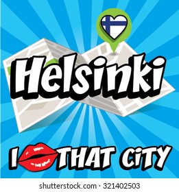 Helsinki. I Love That City. Vector Illustration with country flag.