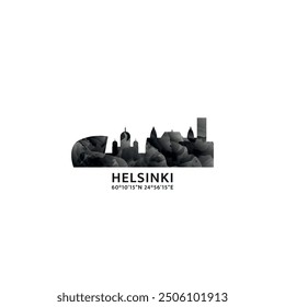 Helsinki panorama, vector badge, skyline logo and icon. Finland capital city horizon logotype with landmarks and building silhouettes. Isolated foggy abstract gradient graphic