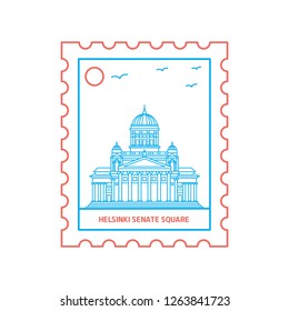 HELSINKI SENATE SQUARE postage stamp Blue and red Line Style, vector illustration