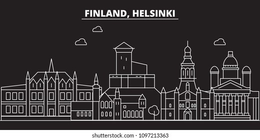 Helsinki silhouette skyline. Finland - Helsinki vector city, finnish linear architecture, buildings. Helsinki travel illustration, outline landmarks. Finland flat icons, finnish line banner