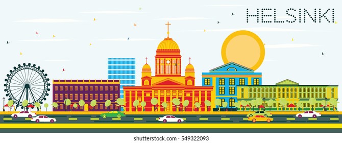 Helsinki Skyline with Color Buildings and Blue Sky. Vector Illustration. Business Travel and Tourism Concept with Historic Architecture. Image for Presentation Banner Placard and Web Site.