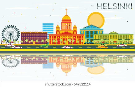 Helsinki Skyline with Color Buildings, Blue Sky and Reflections. Vector Illustration. Business Travel and Tourism Concept with Historic Architecture. Image for Presentation Banner Placard and Web Site