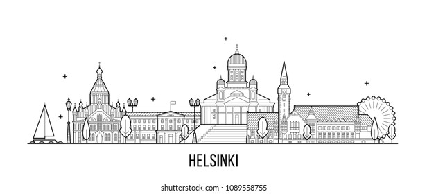 Helsinki skyline, Finland. This illustration represents the city with its most notable buildings. Vector is fully editable, every object is holistic and movable