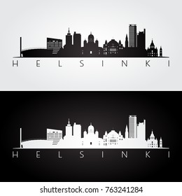 Helsinki skyline and landmarks silhouette, black and white design, vector illustration.