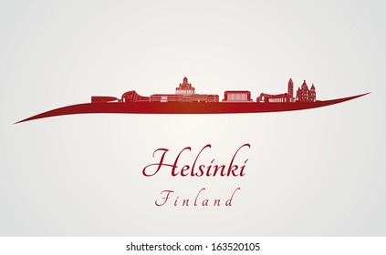 Helsinki skyline in red and gray background in editable vector file