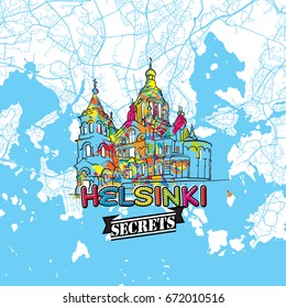 Helsinki Travel Secrets Art Map for mapping experts and travel guides. Handmade city logo, typo badge and hand drawn vector image on top are grouped and moveable.