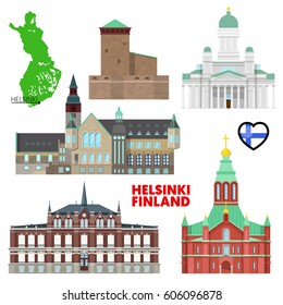 Helsinki Travel Set with Architecture. Visit Finland. Vector illustration