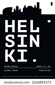 Helsinki typography minimalist vector poster for national event, public holiday, independence day, festival layout. Brochure, leaflet, flyer, presentation image template for Finland city