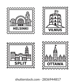 Helsinki, Vilnius, Split, Ottawa postage stamp collection with four distinctive city landmarks in coordinated black and white outline style