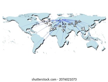 Helsinki-Finland in concept vector illustration, map showing flights from Helsinki-Finland to major cities around the world.