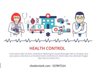 Helth care control concept in flat line style. Vector illustration with hospital, ambulance, doctors for web banner, info graphic and graphic design.