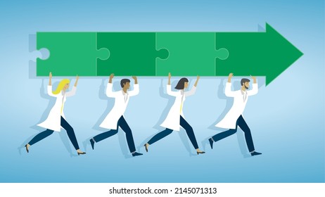 Helth care, scientist people running with arrow with puzzle pieces. Dimension  Vector illustration.