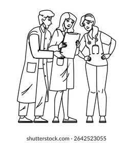 helth doctors and nurses in a hospital vector. femle womn, clic tretment, ptient medic helth doctors and nurses in a hospital character. people black line pencil drawing illustration