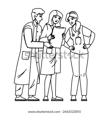 helth doctors and nurses in a hospital vector. femle womn, clic tretment, ptient medic helth doctors and nurses in a hospital character. people black line pencil drawing illustration