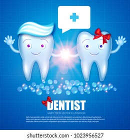 Helthy Teeth with Toothpaste, Bubbles, Red Bow and Speech Bubble. Cartoon Character Boy and Girl. Stomatology Instruments Design Template. Dental Health Concept. Oral Care. Vector illustration
