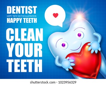 Helthy Tooth. Cartoon Character Stomatology Design Template with Red Glossy Heart Balloon and Speech Bubble. Dental Health Concept. Oral Care. Vector illustraion