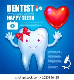 Helthy Tooth. Cartoon Character. Stomatology Design Template with Bow and Red Glossy Heart Balloon. Dental Health Concept. Oral Care.. Vector illustration