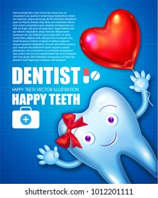 Helthy Tooth with Shining Toothpaste. Cartoon Character. Stomatology Design Template with Bow and Red Glossy Heart Balloon. Dental Health Concept. Oral Care. Vector illustration