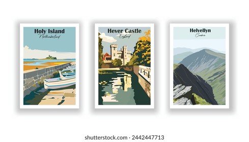 Helvellyn, Cumbria. Hever Castle, England. Holy Island, Northumberland - Set of 3 Vintage Travel Posters. Vector illustration. High Quality Prints