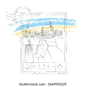 The Helvetia statue and Basel city panorama stamp, vector illustration and typography design, Switzerland 