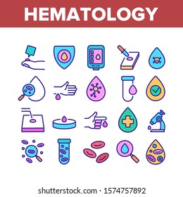 Hematology Collection Elements Icons Set Vector Thin Line. Blood Erythrocytes And Analysis, Diabetes And Infection Diagnostic Hematology Concept Linear Pictograms. Color Illustrations