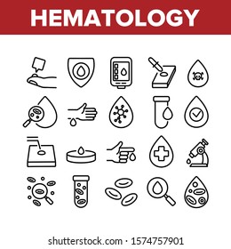 Hematology Collection Elements Icons Set Vector Thin Line. Blood Erythrocytes And Analysis, Diabetes And Infection Diagnostic Hematology Concept Linear Pictograms. Monochrome Contour Illustrations