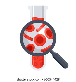 Hematology Concept With Red Blood Cell In Test Tube And Magnifying Glass, Vector Illustration In Flat Style