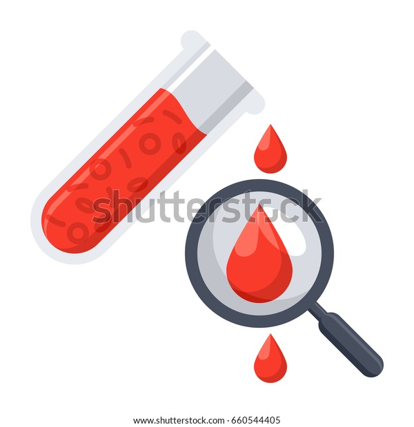 Hematology\
concept with red blood cell in test tube, magnifying glass and drop\
blood, vector illustration in flat\
style